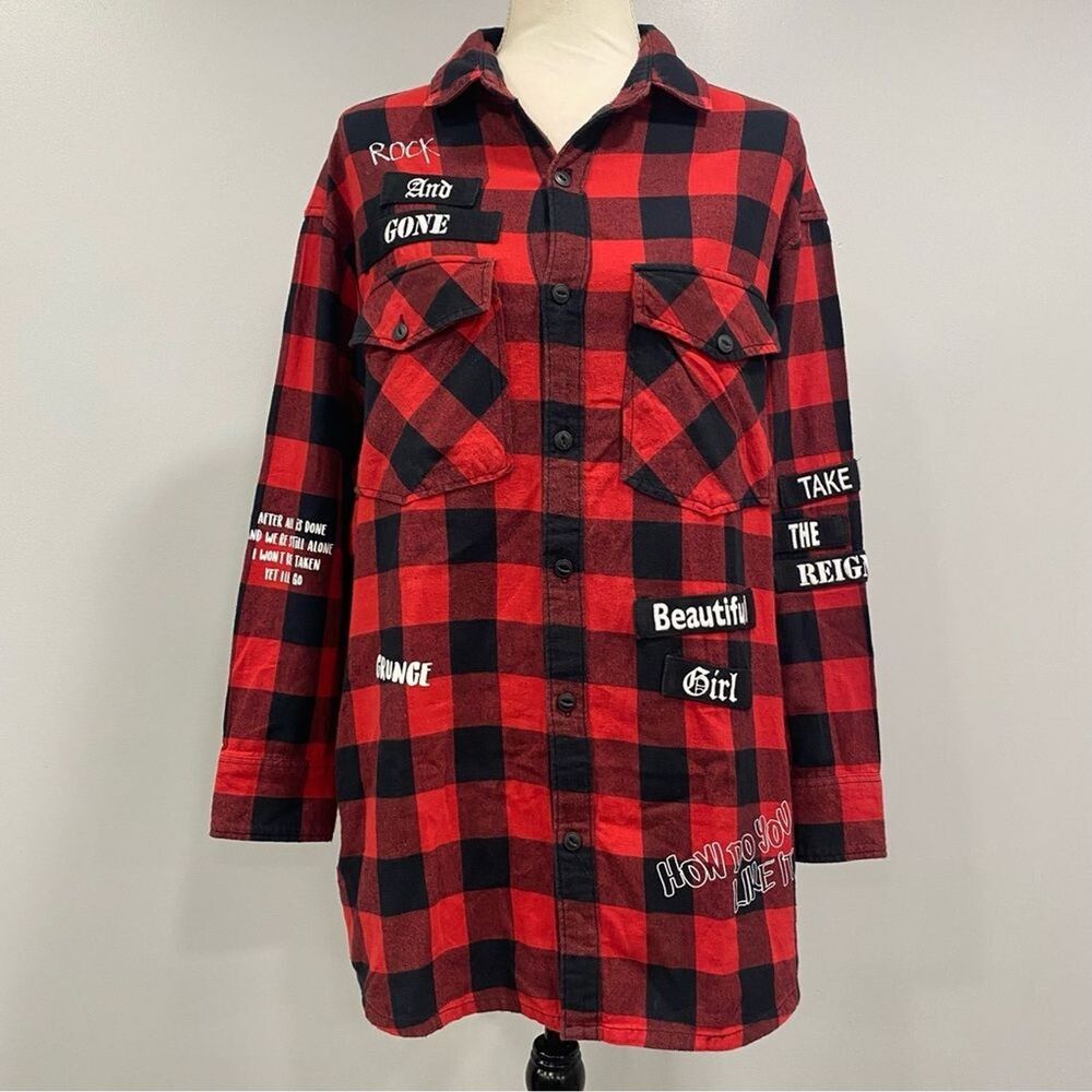 BUFFALO PLAID Women’s S Oversized Flannel Shirt Tunic Grunge Steampunk Rock Y2K